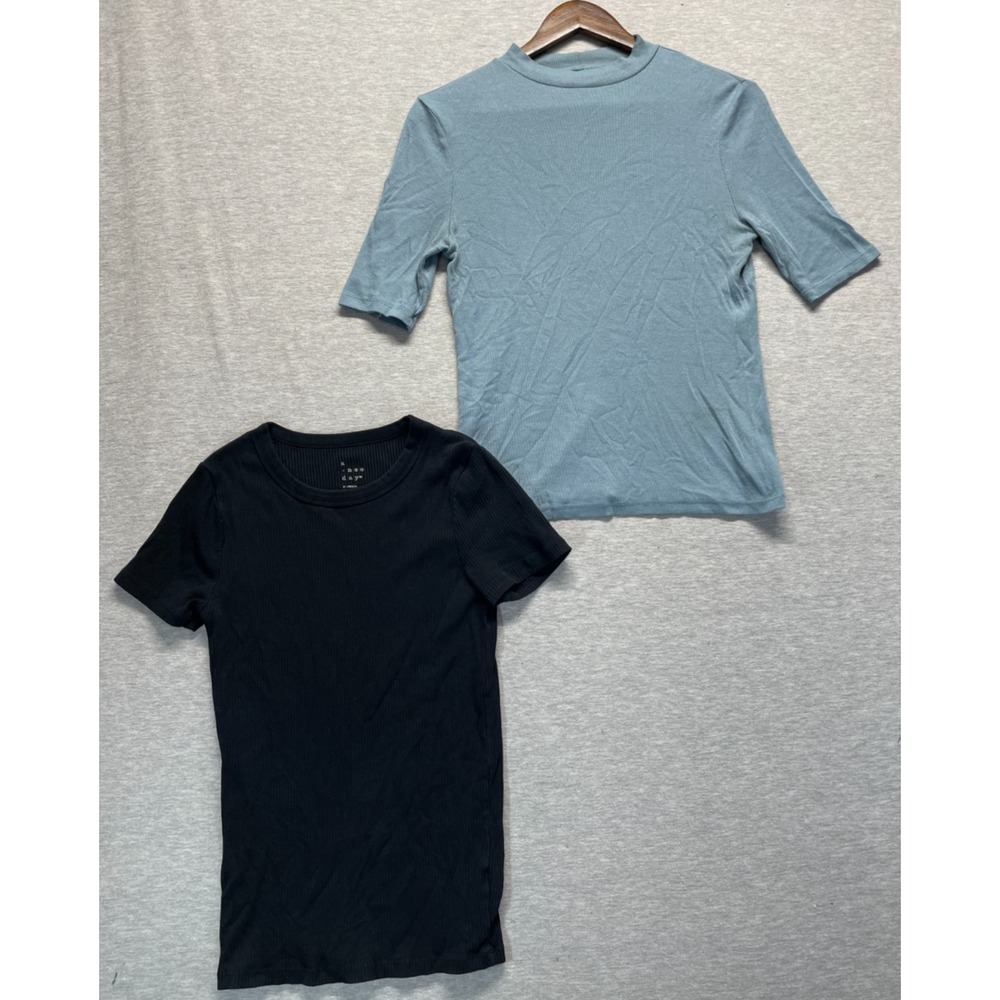 A New Day Ribbed Knit T Shirt Womens XS Black Slate Blue Cotton Stretch Lot Of 2